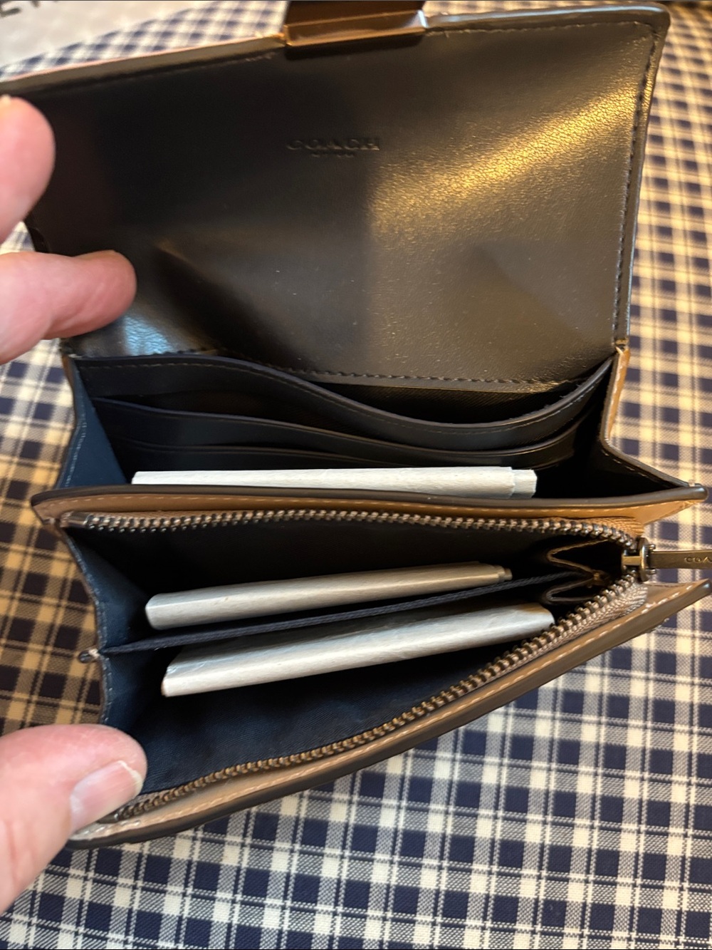 Coach Hutton Colorblock Mini Wallet in navy blue , Blush Pink & tan - Picture 10 of 13